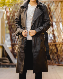 Womens Leather Long Coat-Black