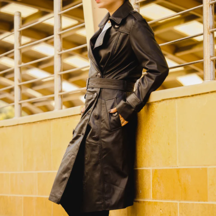 Womens Leather Long Coat-Black - Image 3