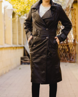 Womens Leather Long Coat-Black