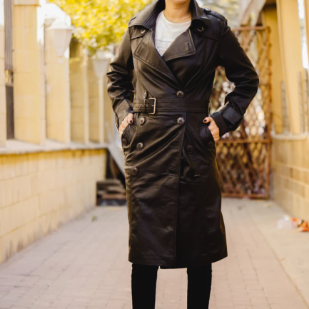 Womens Leather Long Coat-Black