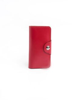 Tri-Fold Pure Leather Long Wallet With Button Closure-RED