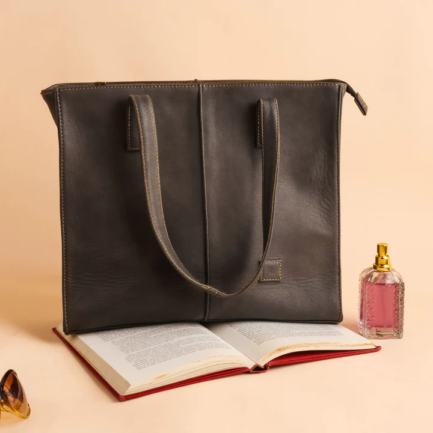 Women's Leather Zipper Tote Bag-Graphite Grey