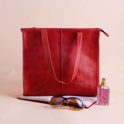 Women's Leather Zipper Tote Bag-Candy Red - Image 7