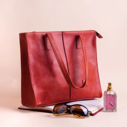 Women's Leather Zipper Tote Bag-Candy Red - Image 5