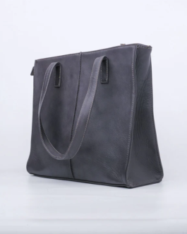 Women’s Leather Zipper Tote Bag-Graphite Grey