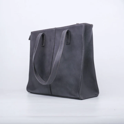 Women's Leather Zipper Tote Bag-Graphite Grey - Image 2