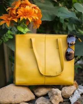 Women’s Leather Zipper Tote Bag-Mustard Yellow