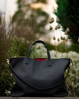 TURKISH TOTE  BAG BLACK– MILANO LEATHER HERRINGBONE ZIPPER BAG