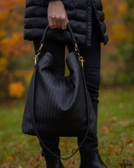 TURKISH TOTE BLACK BAG – MILANO LEATHER HERRINGBONE BAG