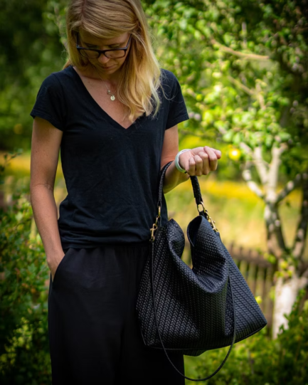 TURKISH TOTE BLACK BAG – MILANO LEATHER HERRINGBONE BAG - Image 4