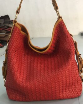 Red Women Leather Basket Tote Bag