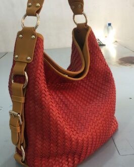 Red Women Leather Basket Tote Bag